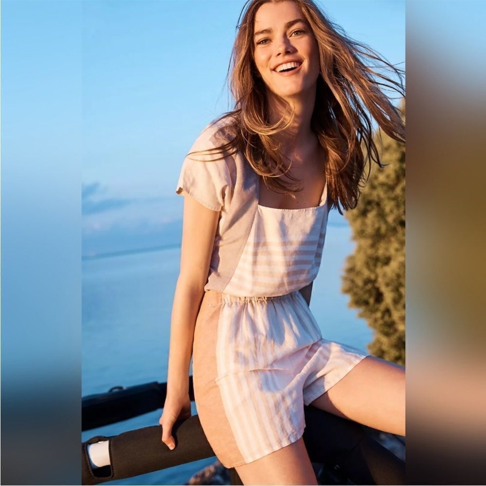 Anthropologie Elevenses Linen Blend Striped Bohemian Romper Resort Coastal